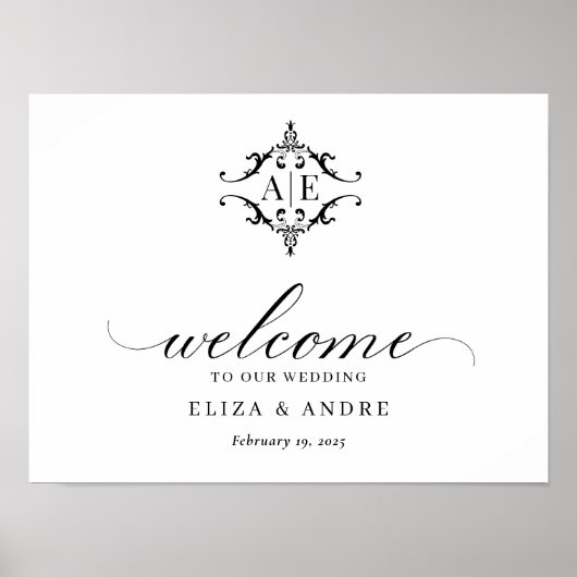 Elegant zwart & wit crest monogram bruiloft poster (Voorkant)