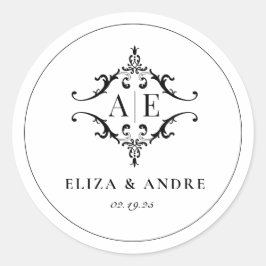 Elegant zwart & wit crest monogram bruiloft ronde sticker