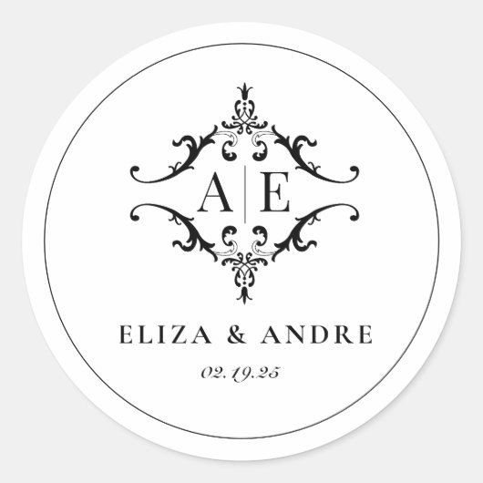 Elegant zwart & wit crest monogram bruiloft ronde sticker (Voorkant)