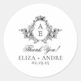 Elegant, zwart-wit Crest Monogram Bruiloft Ronde Sticker