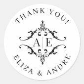 Elegant zwart & wit crest monogram bruiloft ronde sticker (Voorkant)