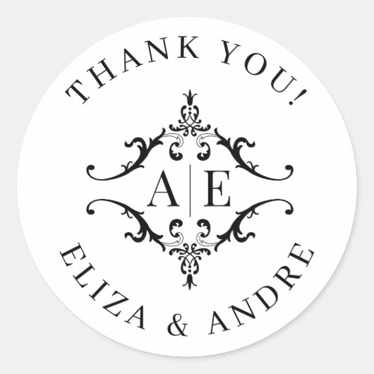 Elegant zwart & wit crest monogram bruiloft ronde sticker (Voorkant)