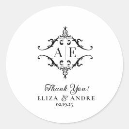 Elegant zwart & wit crest monogram bruiloft ronde sticker