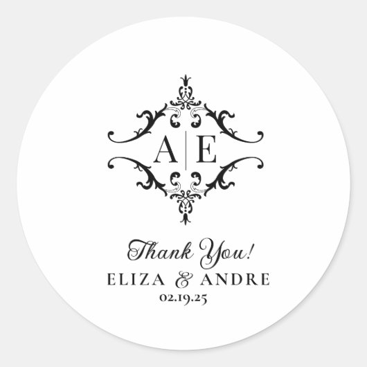 Elegant zwart & wit crest monogram bruiloft ronde sticker (Voorkant)