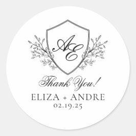 Elegant, zwart-wit Crest Monogram Bruiloft Ronde Sticker