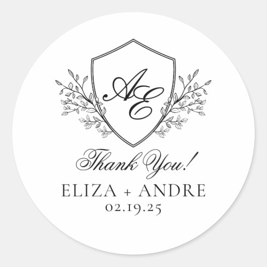Elegant, zwart-wit Crest Monogram Bruiloft Ronde Sticker (Voorkant)