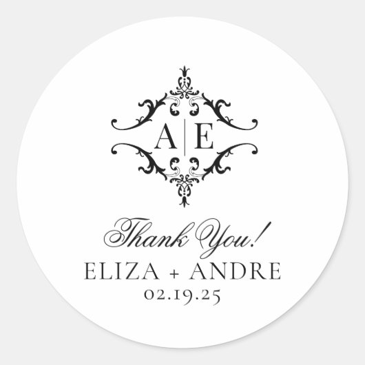 Elegant zwart & wit crest monogram bruiloft ronde sticker (Voorkant)
