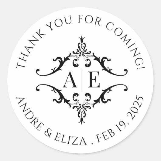 Elegant zwart & wit crest monogram bruiloft ronde sticker (Voorkant)