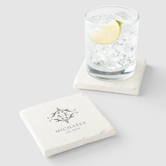 Elegant zwart & wit crest monogram bruiloft stenen onderzetter (Zijkant)