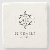 Elegant zwart & wit crest monogram bruiloft stenen onderzetter (Voorkant)
