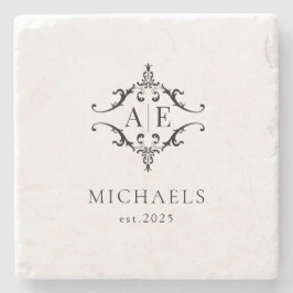Elegant zwart & wit crest monogram bruiloft stenen onderzetter