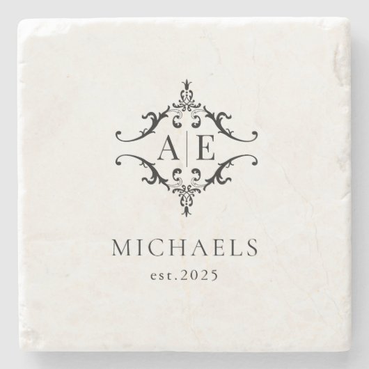 Elegant zwart & wit crest monogram bruiloft stenen onderzetter (Voorkant)
