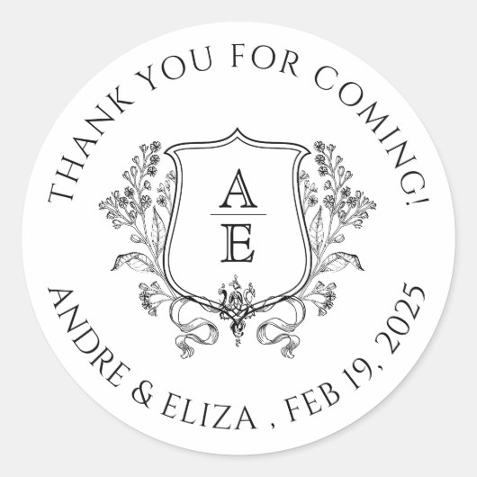 Elegant zwart-wit crest monogram dank u C Ronde Sticker (Voorkant)
