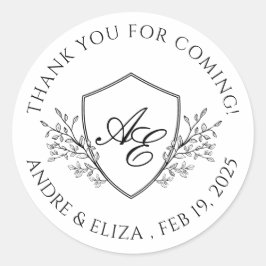 Elegant zwart-wit crest monogram dank u ronde sticker