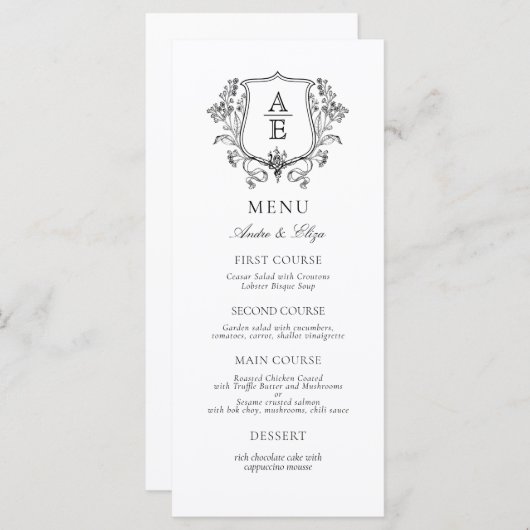 Elegant zwart-wit crest monogram menu (Voorkant / Achterkant)