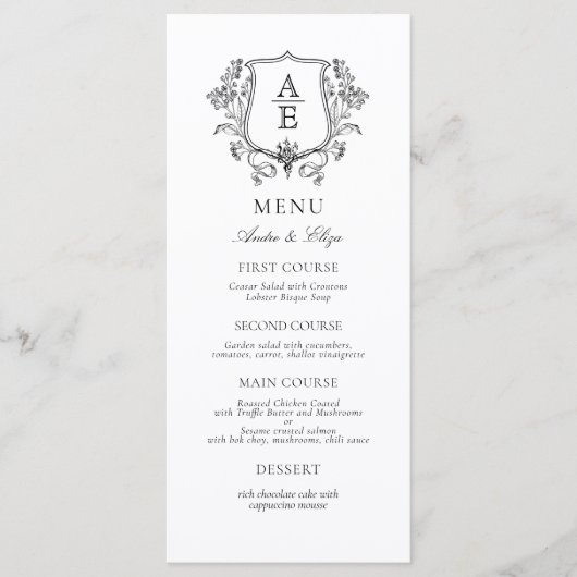 Elegant zwart-wit crest monogram menu (Voorkant)