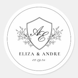 Elegant zwart-wit crest monogram ronde sticker
