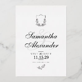 Elegant Zwart & Wit Crest Sla de datum op Folie Uitnodiging
