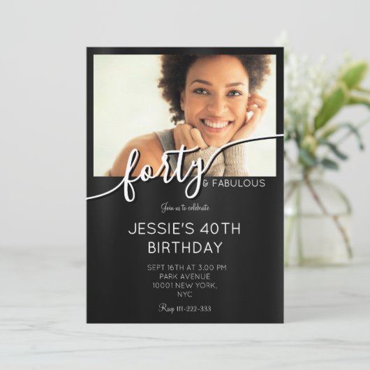Elegant Zwart & Wit Custom Photo Fabulous 40th Kaart (Staand voorkant)