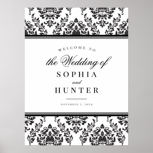 Elegant Zwart Wit Damask Bruiloft Welkomstbord Poster (Voorkant)