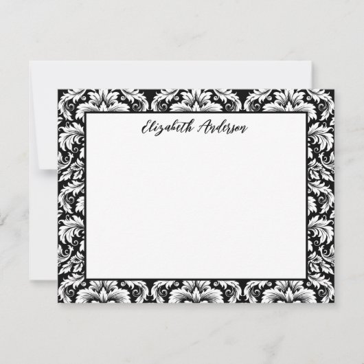 Elegant zwart wit Damask Note Kaart Notitiekaartje (Voorkant)
