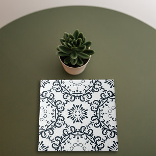 Elegant zwart-wit damask Victoriaans patroon Tegeltje