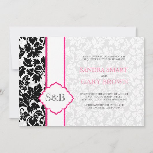 Elegant Zwart & Wit Damasks Bruiloft Kaart (Voorkant)