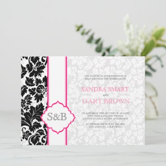 Elegant Zwart & Wit Damasks Bruiloft Kaart (Staand voorkant)