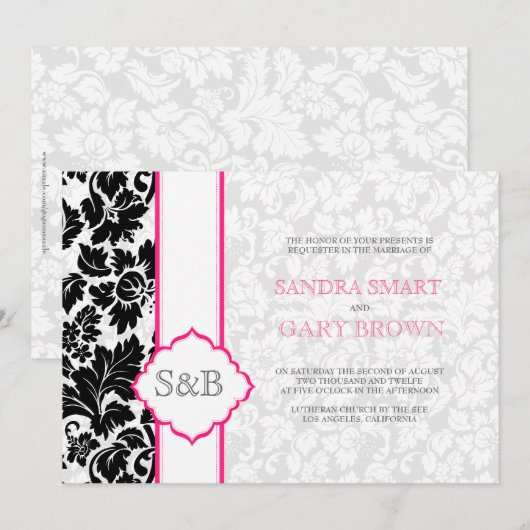 Elegant Zwart & Wit Damasks Bruiloft Kaart (Voorkant / Achterkant)