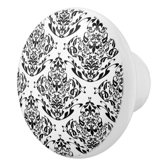 Elegant zwart-wit damast bloemmotief boho patroon keramische knop (Rechts)