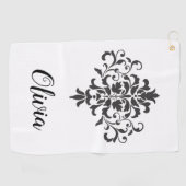 Elegant  zwart-wit damast gepersonaliseerd golfhanddoek (Horizontaal)