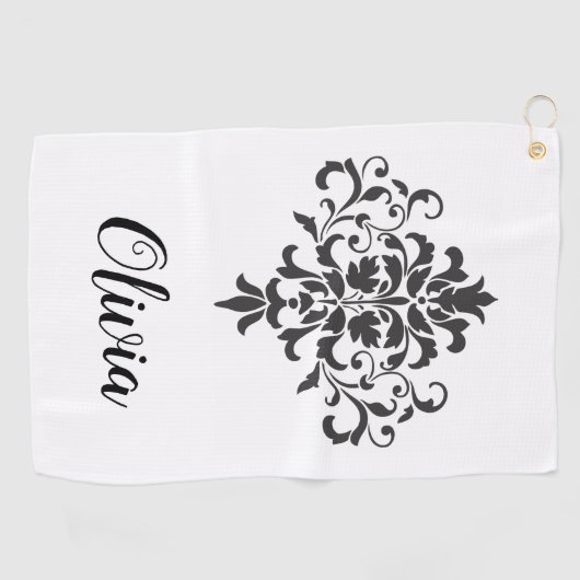 Elegant  zwart-wit damast gepersonaliseerd golfhanddoek (Horizontaal)