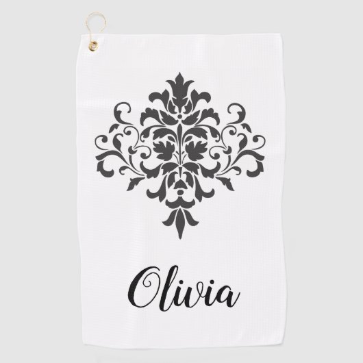 Elegant  zwart-wit damast gepersonaliseerd golfhanddoek (Voorkant)