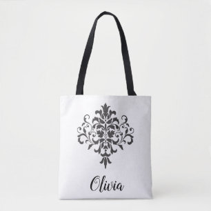 Elegant  zwart-wit damast gepersonaliseerd tote bag