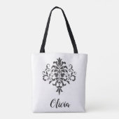 Elegant zwart-wit damast gepersonaliseerd tote bag (Achterkant)