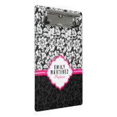 Elegant zwart-wit damast met roze streep mini klembord (Schuin)