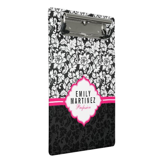 Elegant zwart-wit damast met roze streep mini klembord (Schuin)