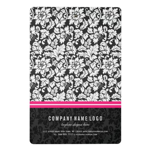 Elegant zwart-wit damast met roze streep mini klembord (Achterkant)