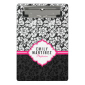 Elegant zwart-wit damast met roze streep mini klembord (Voorkant)