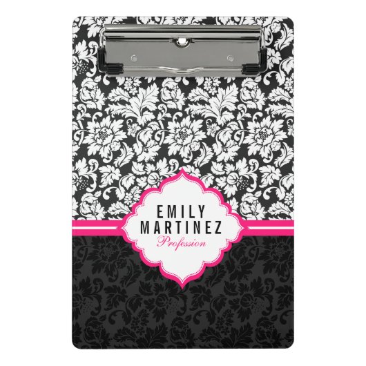 Elegant zwart-wit damast met roze streep mini klembord (Voorkant)