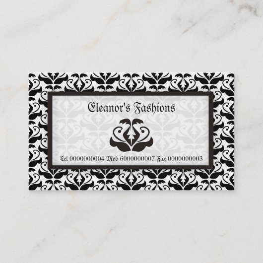 Elegant zwart wit damast mode visitekaartjes (Voorkant)