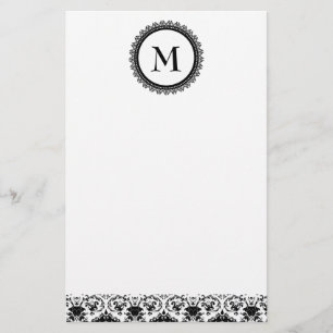 Elegant Zwart & Wit Damast Monogram Persoonlijk Briefpapier
