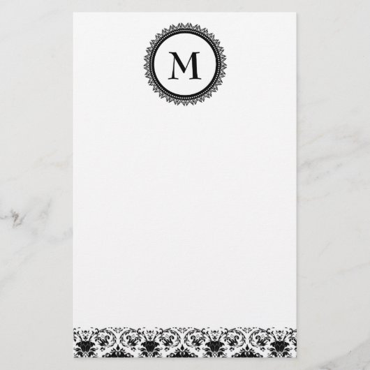 Elegant Zwart & Wit Damast Monogram Persoonlijk Briefpapier (Voorkant)