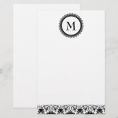 Elegant Zwart & Wit Damast Monogram Persoonlijk Briefpapier (Voorkant / Achterkant)