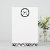 Elegant Zwart & Wit Damast Monogram Persoonlijk Briefpapier (Staand voorkant)