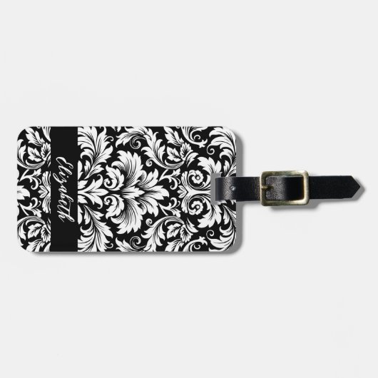 Elegant zwart wit damast patroon bagagelabel (Voorkant horizontaal)