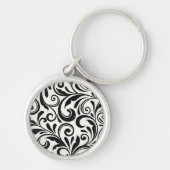 Elegant zwart-wit damast scrollwerkpatroon sleutelhanger (Voorkant)