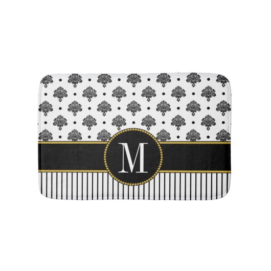 Elegant Zwart Wit Damast Strepen Goud Monogram Badmat (Voorkant)