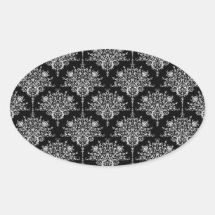 Elegant zwart-wit damastpatroon ovale sticker