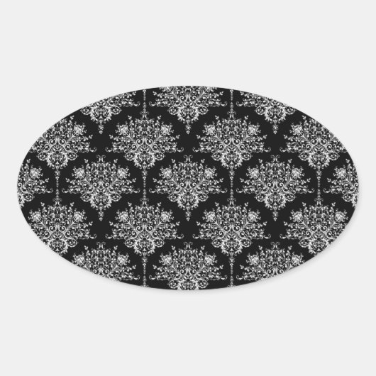 Elegant zwart-wit damastpatroon ovale sticker (Voorkant)